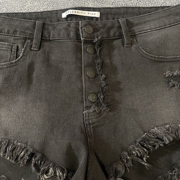CELEBRITY PINK The Sugar Mid-Rise Frayed Denim Shorts - Black 17/33 Button Fly - Picture 2 of 6